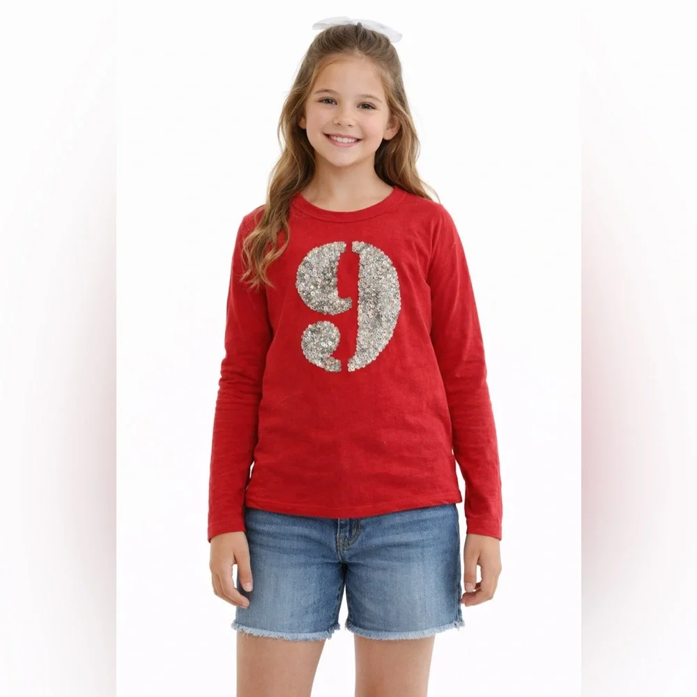 Crewcuts Red Long Sleeve Tee with Silver Sequin Design